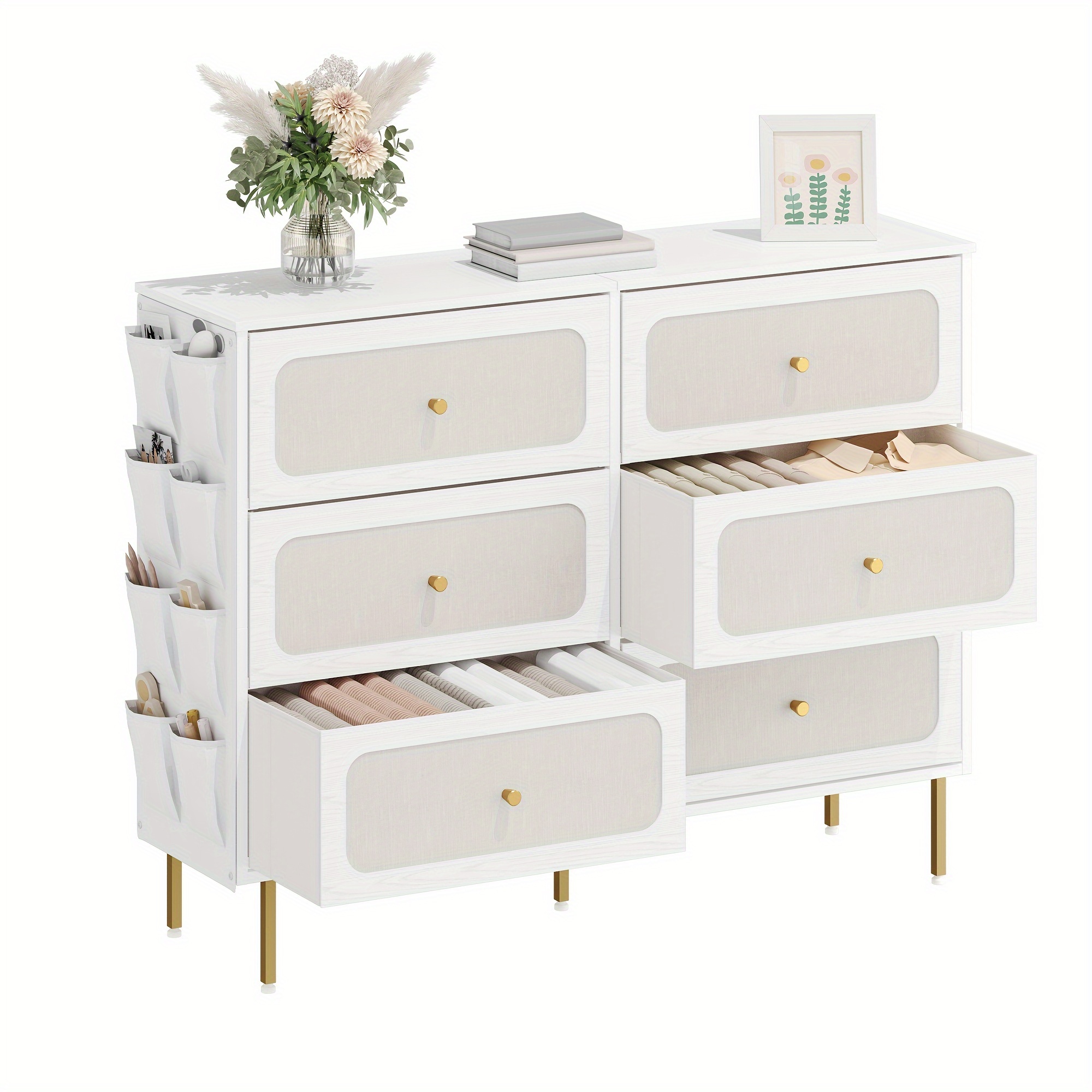 Image of Chest Of Drawers, Wardrobe With 6 Fabric Drawers, Storage Cabinet, Multifunctional With Pocket, Metal Frame, 30 X 110 X 85 Cm, For Living Room And Bedroom, , White-golden, Storage Drawer Units