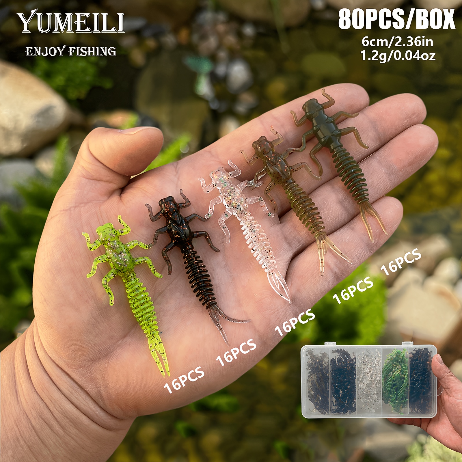TEMU 80pcs Assorted Five-color Six-legged Dragonfly Soft Fishing Lures, Six-legged Threaded Body + Tail Design, Tpe Soft Material, Fishing Supplies