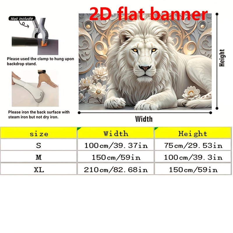 TEMU 1pc 2d Flat Printing Tapestry Banner ' White Lion' – For Living Room And Luxurious Spaces, Exquisite Silvery-gray Pattern With White Floral