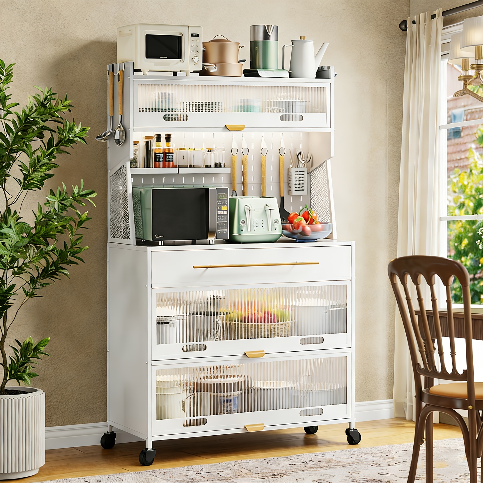 Kitchen Pantry Storage Cabinet, Freestanding Hutch With Drawer And Wheels
