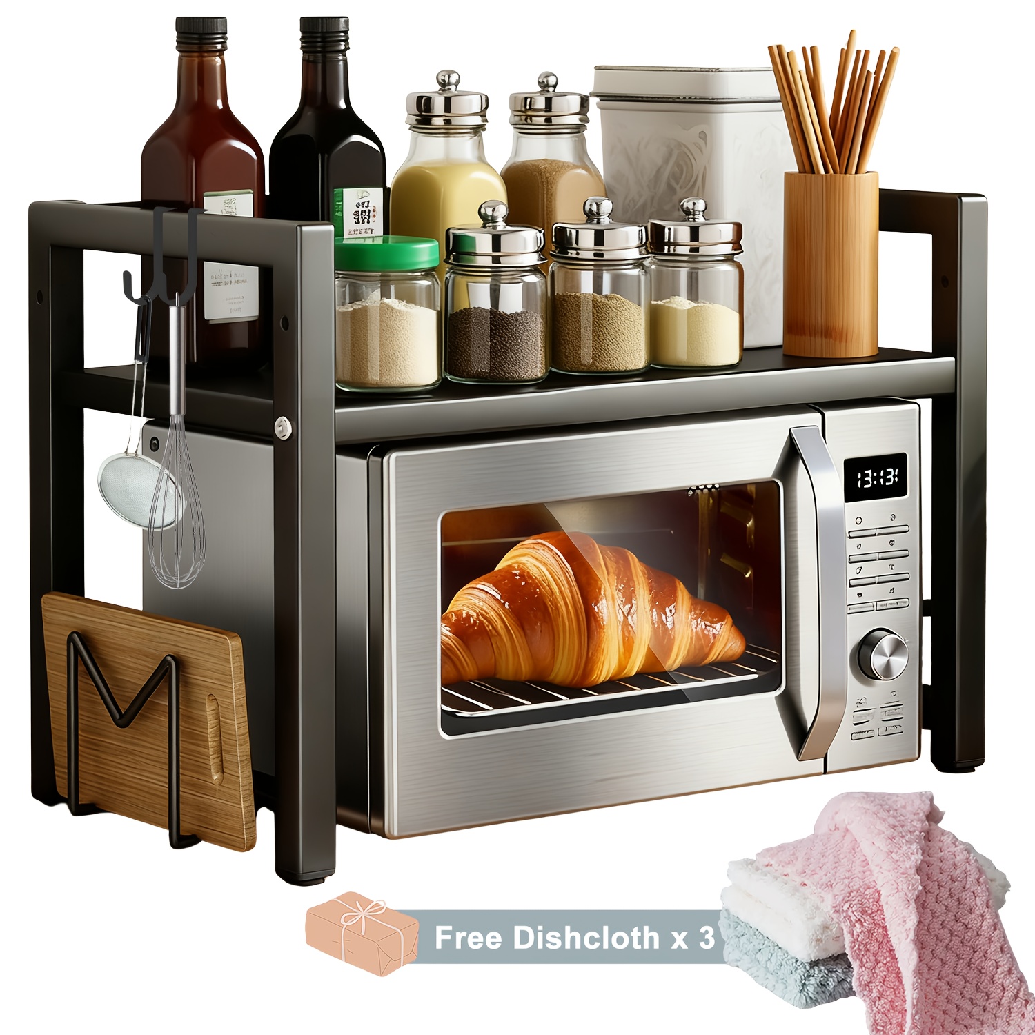 Image of 2/3-tier Expandable Microwave Rack With , A Cutting Board Holder, And 3 Towels. Width Extends From 40cm To 64cm, Height Adjustable. Suitable For Kitchens, Studies, And Offices (black, White).