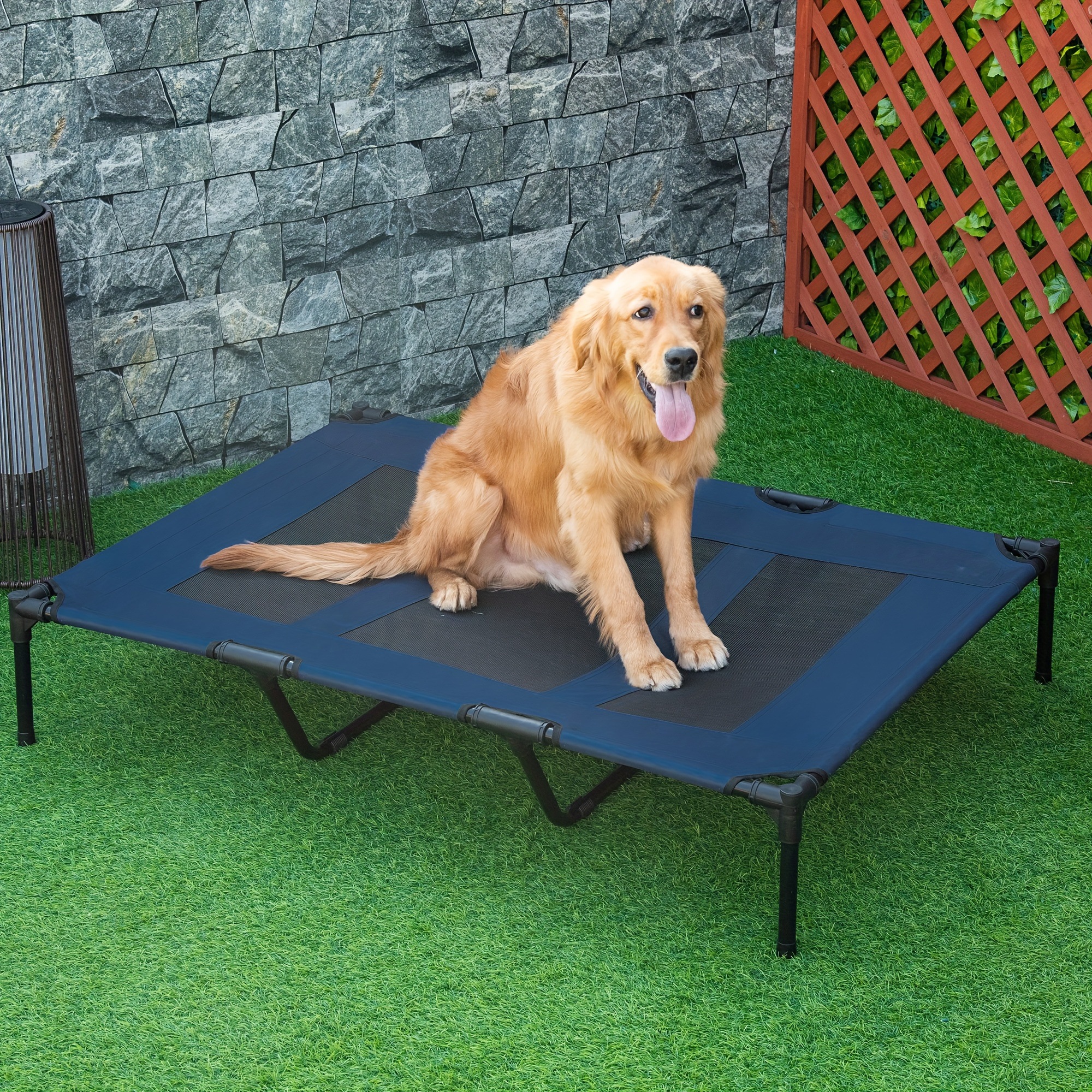 

Pawhut 48" X 36" Elevated Breathable Dog Bed Portable Pet Cot W/ Carry Bag Metal Frame Breathable Mesh Indoor And Outdoor Dark Blue
