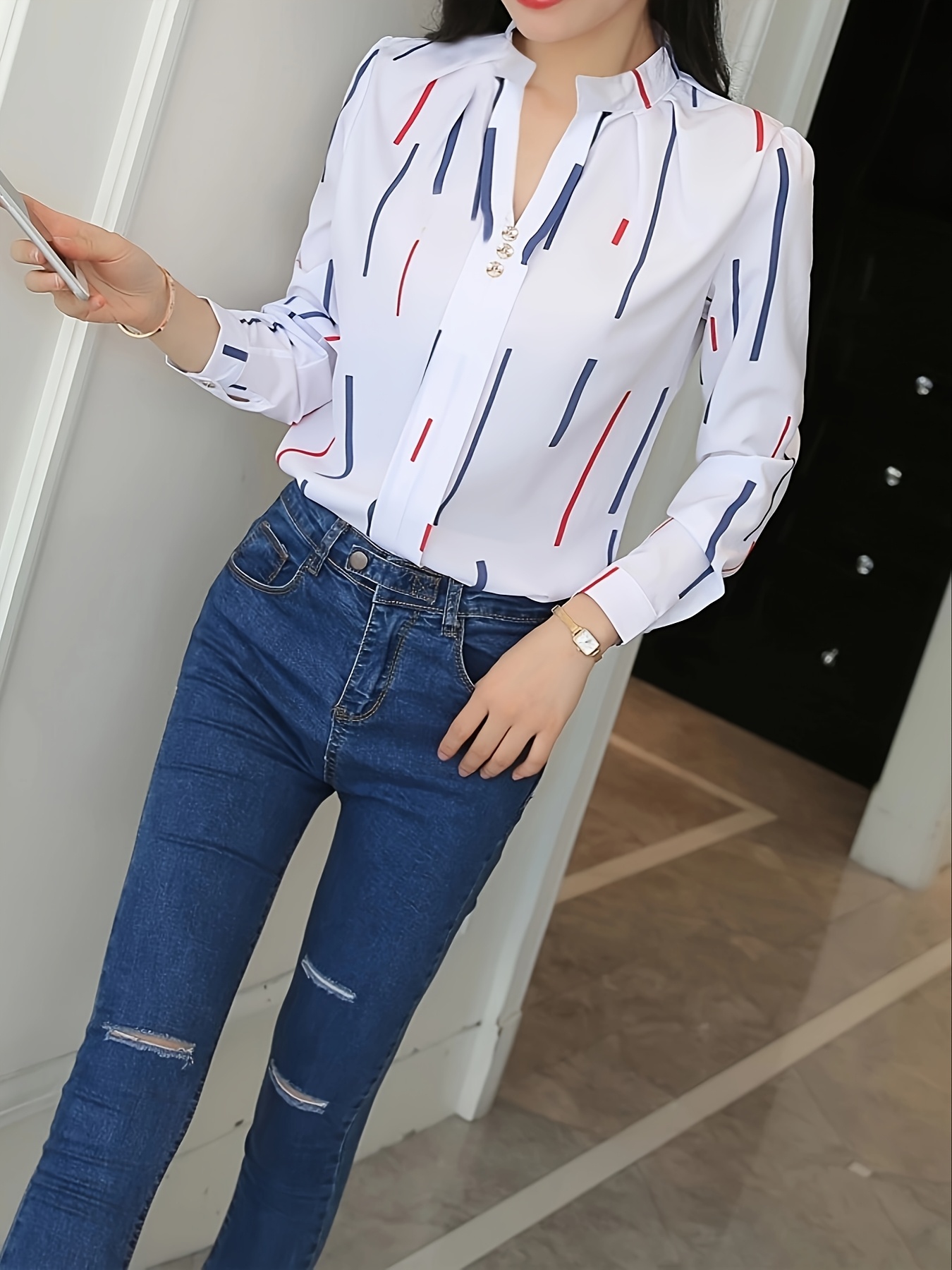 blusa casual feminina de listrada corte Temu Brazil