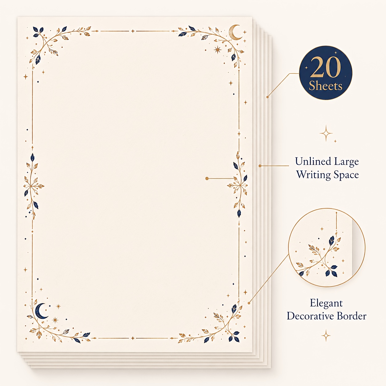 TEMU Set di cancelleria da 20 fogli con bordo vintage a e luna, carta da lettere decorativa da 21�14 cm non , oro e blu navy , adatta per lettere