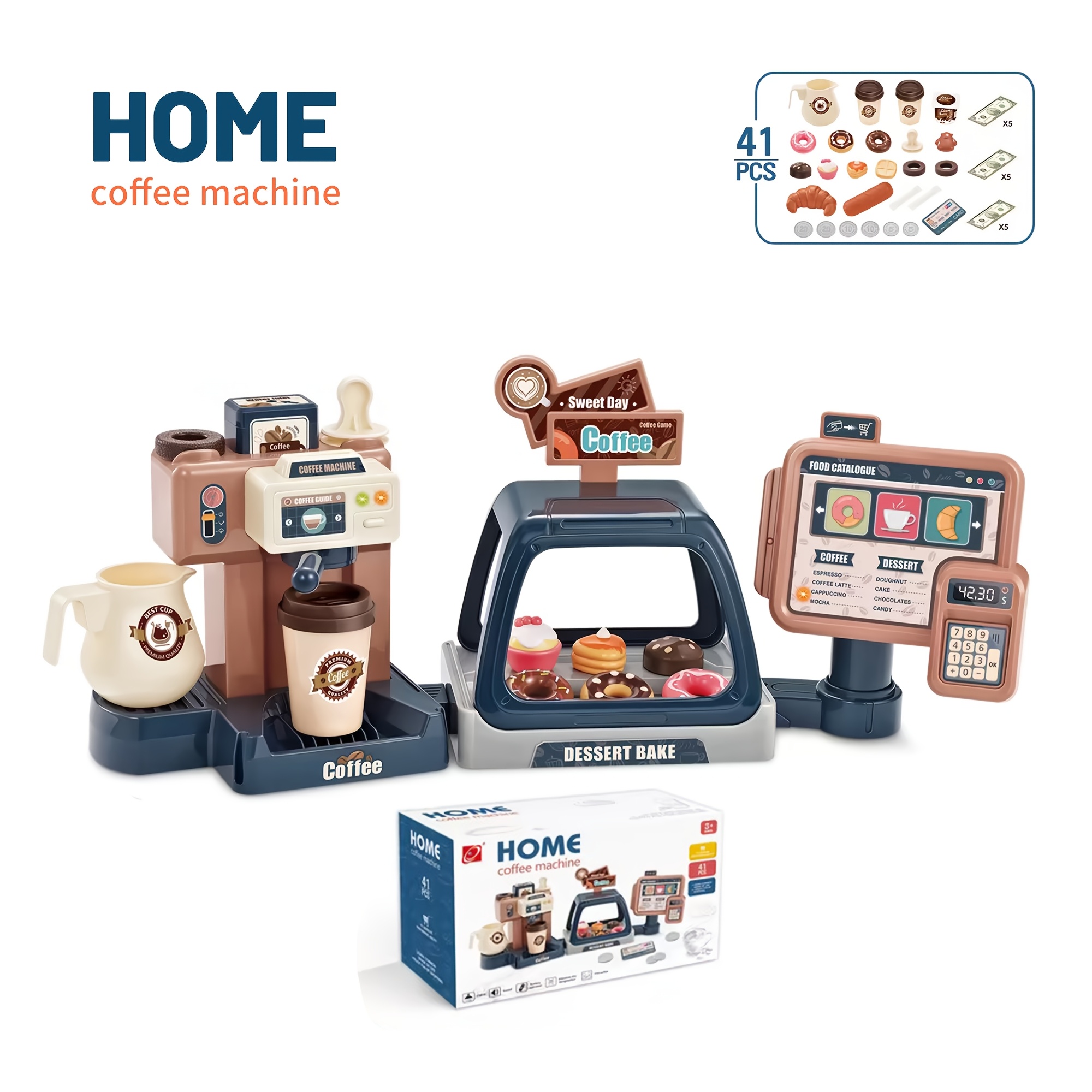 

Toy And Cash Kit With Sound Light, Pretend Role Play Toy Coffee Shop For Boys And Girls With - 41pcs