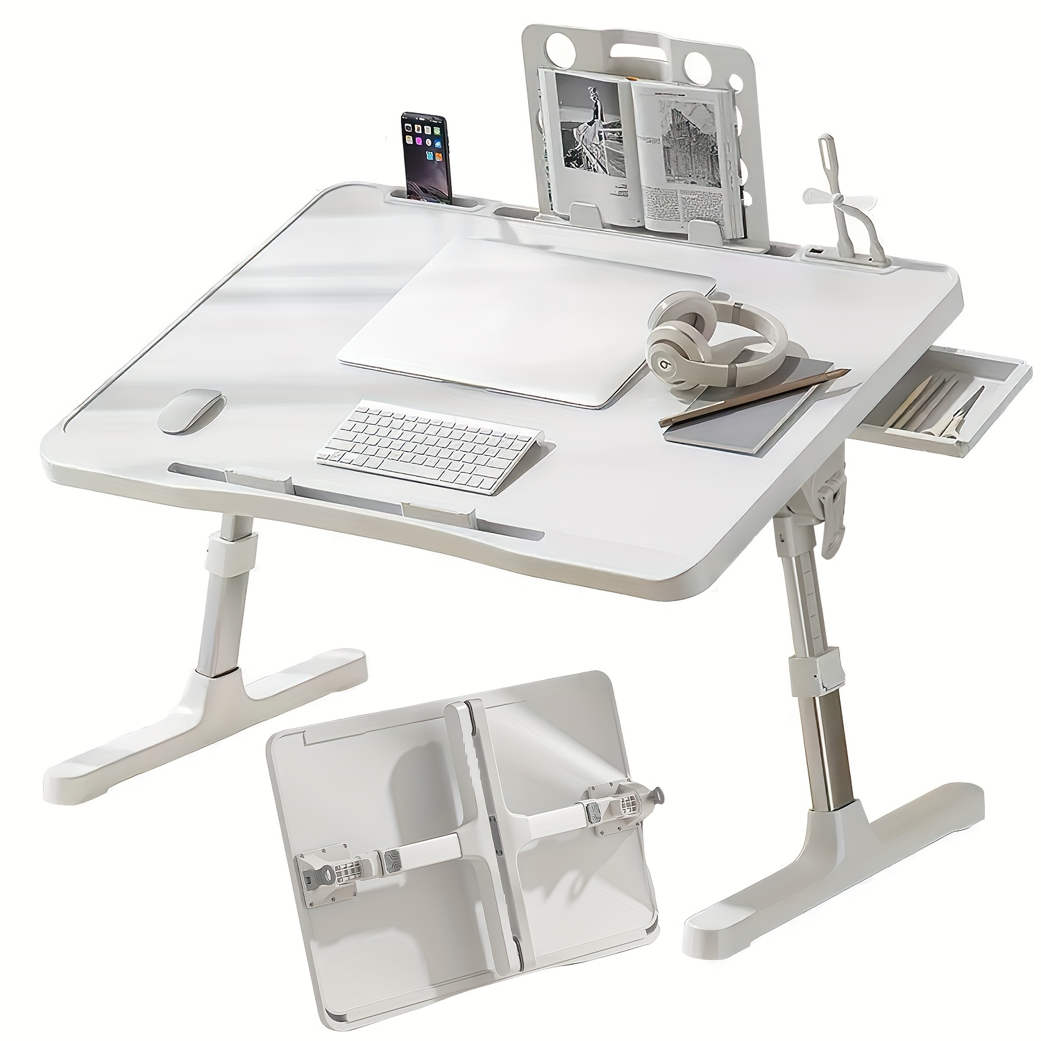 Adjustable Height Folding Table 60×40 Cm - Bed And Laptop Desk, Height Adjustment (27-39 Cm), Desktop (0-36°), Foldable Pvc Sofa And Bedroom Desk