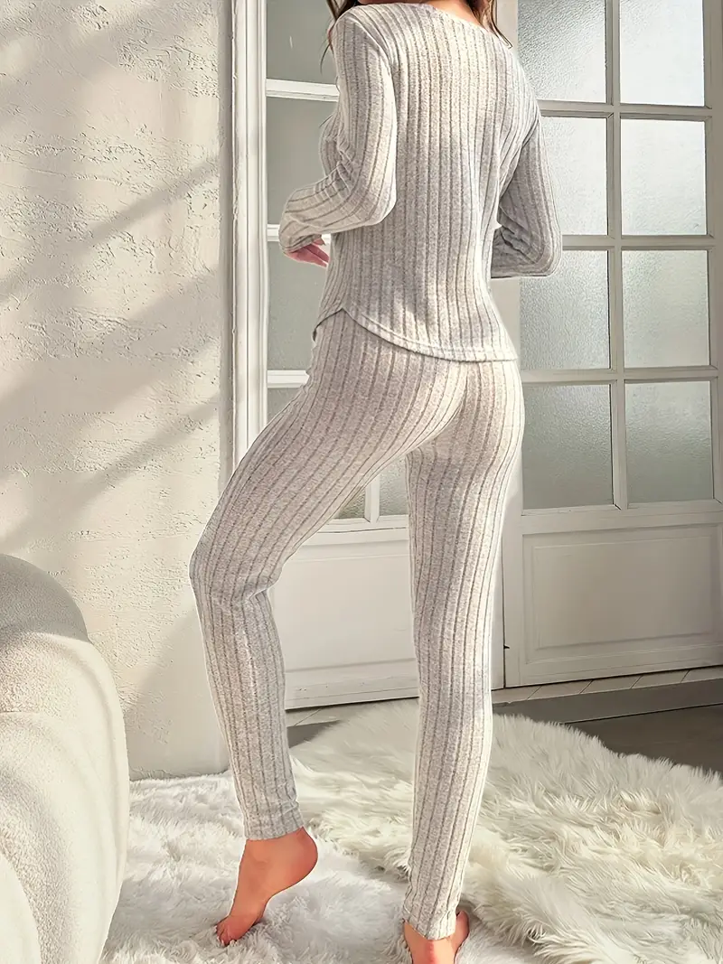2pcs women s soft polyester pajama set - elegant -neck long sleeve nightgown & pants with vertical , cozy fall/winter sleepwear, machine washable set in neutral beige/gray tones for women, adult women s elegant sleepwear with button details & ribbed texture, relaxed fit for casual wear, 2pcs set with v-neck top and matching pants, short pajama sets women, plus size women pajama set, padded nightwear for women, women sleepwear set, Product details 2