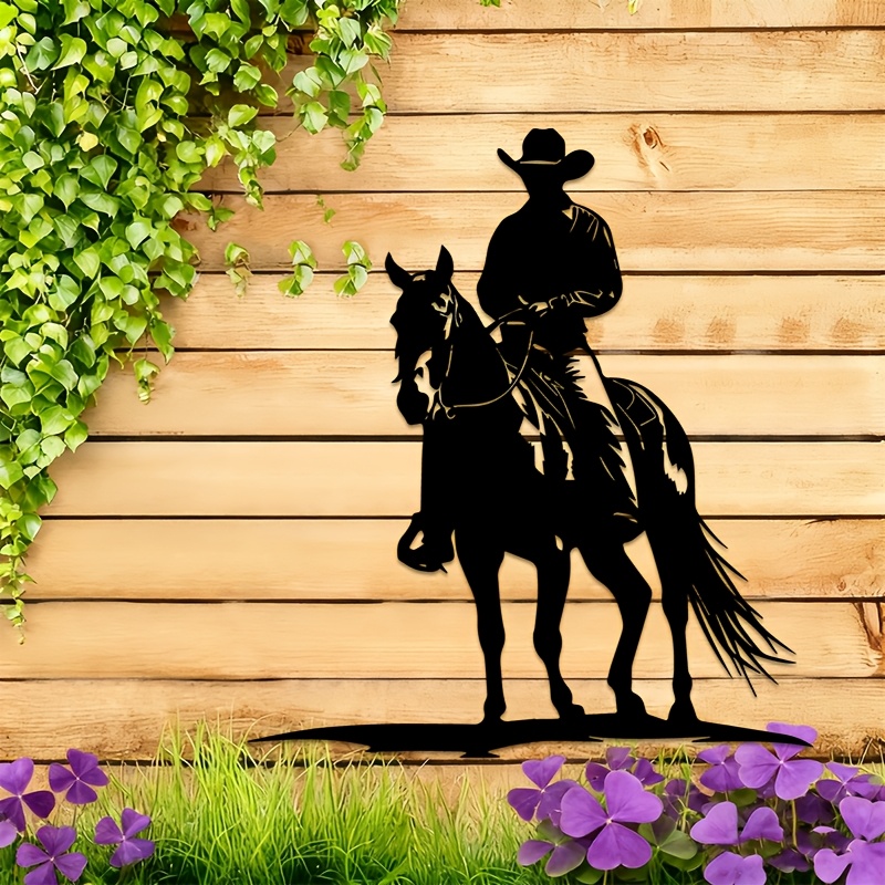 TEMU 2d Flat - 1pc Of 2d Metal Wall Art Featuring A Cowboy Silhouette On A Horse, Ideal For Decorating Living Rooms, Bedrooms, Studies, Dining Areas,