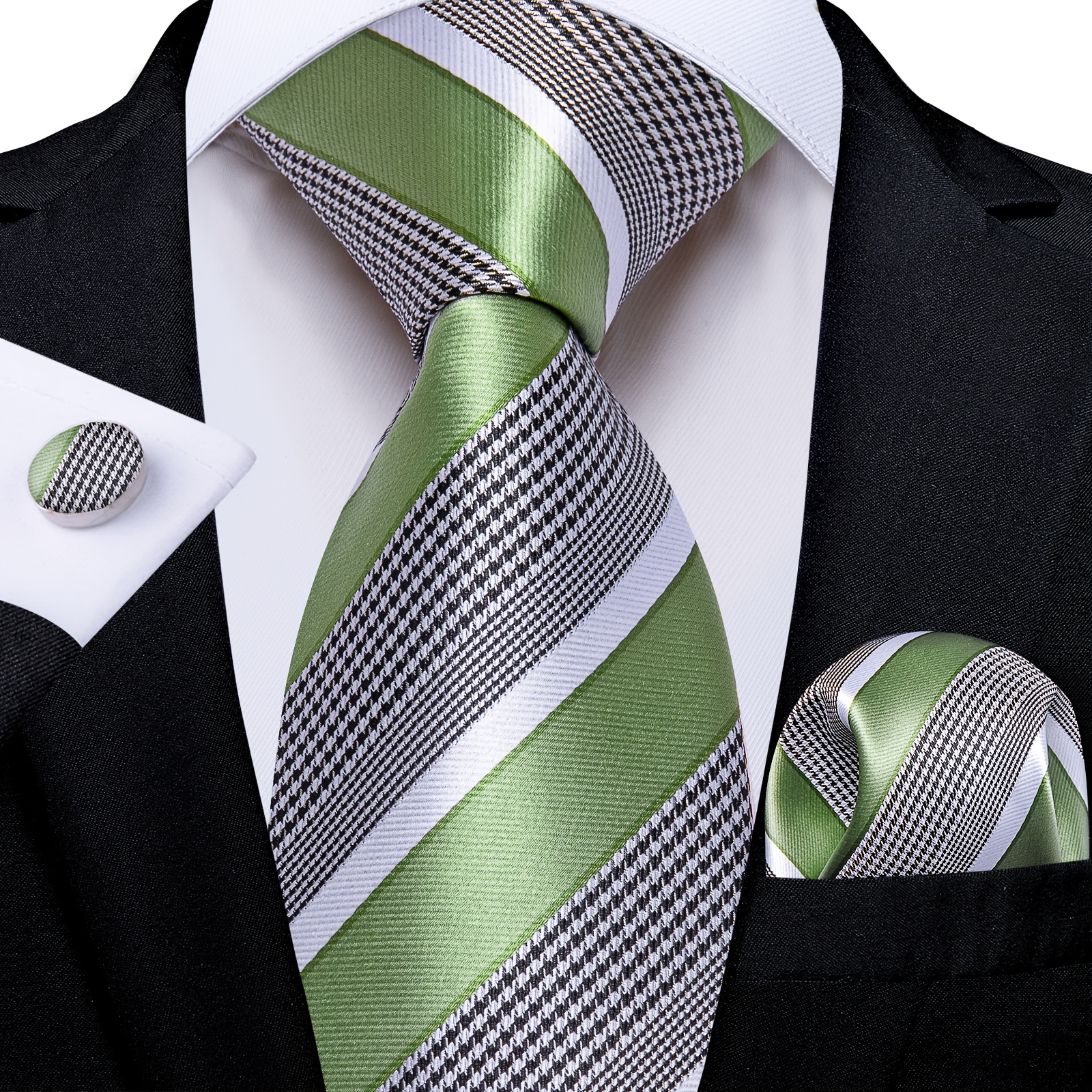 Image of Men's Tie In Fresh Sage Green With Stripes, Accompanied By A Matching Pocket Square And Cufflinks, Perfect For Easter, Outdoor Weddings, And Casual Events