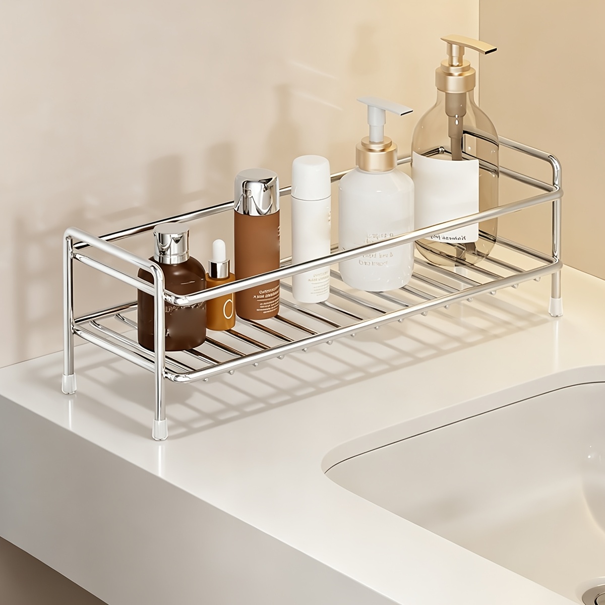 TEMU Étagère de comptoir double couche en acier inoxydable chromé, assemblage, drain à fil creux antirouille, organisateur de robinet de salle de