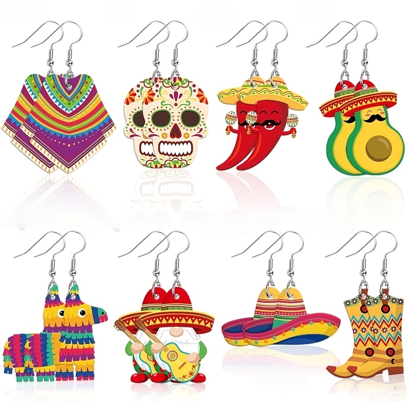 TEMU Set de 8 de aretes con temática de carnaval , coloridas, , chile, sombrero de , botas de vaquero y aretes estampados de piñata, joyería acrílica