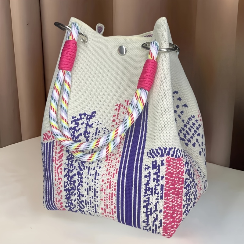 E-shop Mehrfarbige Blumenmuster Handtasche für Damen - Faltbare Doppelgriff-Tasche mit Knopfverschluss, Leichtes Gewebe & Handgelenkschlaufe, Elegantes