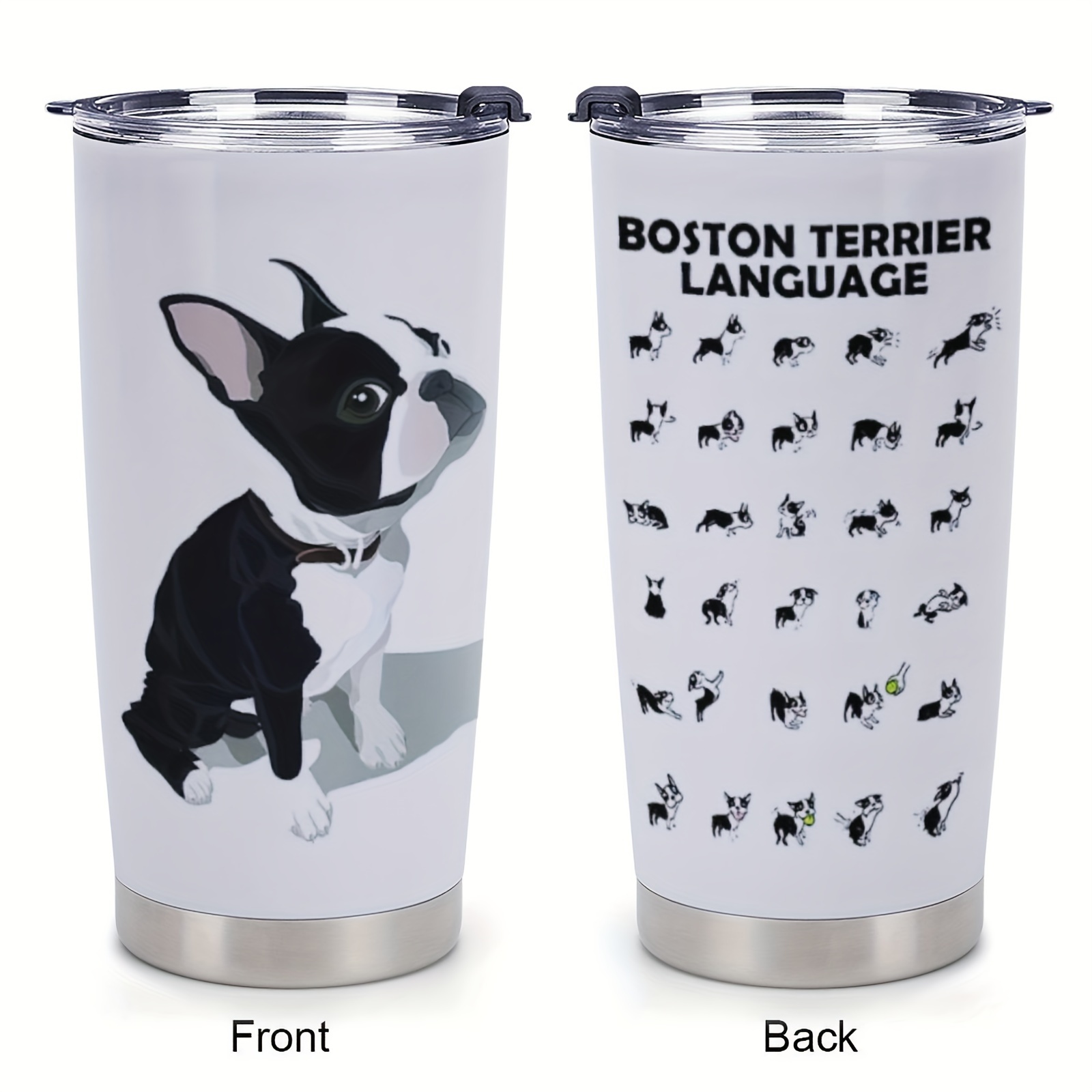 

1pc 20oz Boston Terrier Language Skinny Straight - Vacuum Insulated Stainless Steel Cup With Straw & Lid, Reusable, Hand-wash Only, Ideal For All Beverages, White With French