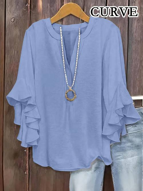 item picture plus size plus size womens shirt top new summer fashion loose fit flared three quarter sleeve v neck blouse