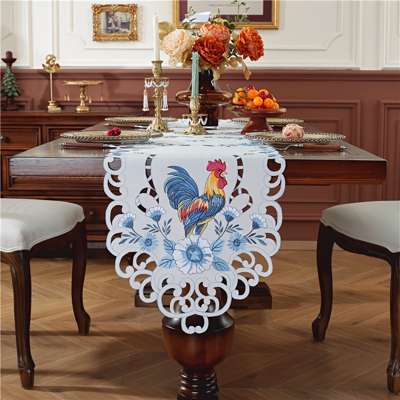 

1pc Elegant Rooster & Floral Embroidered Polyester Table Runner - Handcrafted With Lace Detailing, Ideal For Easter Celebrations, Living Room & Kitchen Decor, Rectangular Shape, Rooster Decor