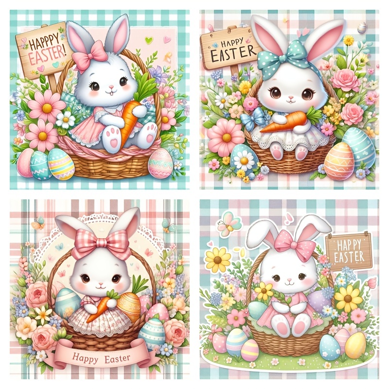 

4-pack 5d Diy Diamond Painting Kit, Easter Bunny Cartoon Animal Theme, Round Mosaic, Canvas Material, Home Decor