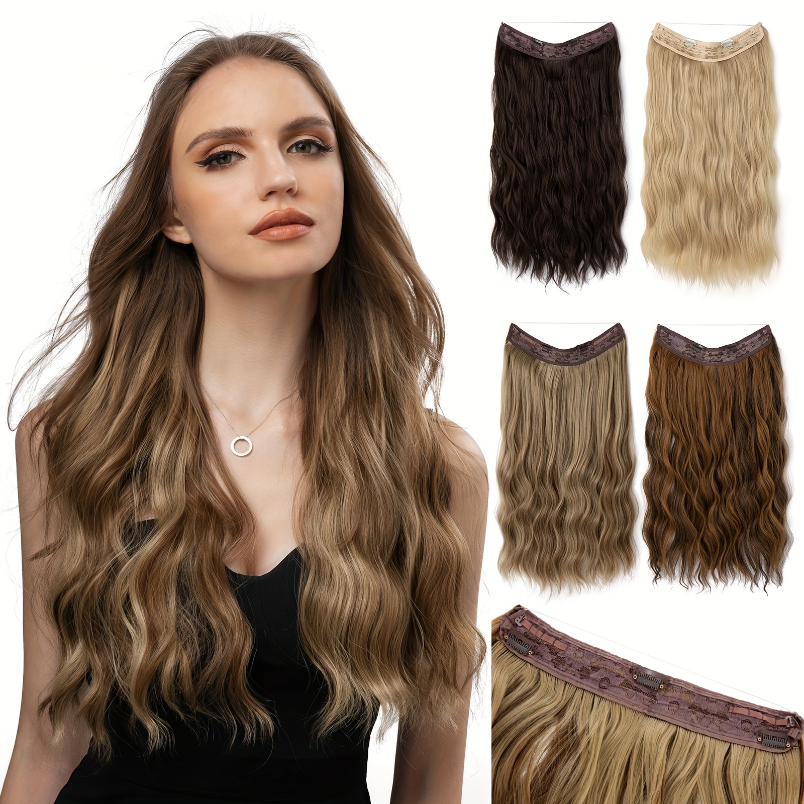 Long Natural Wave Full Head 5 Clips Hair Extension Clips In Hairpieces  Invisible Wire Long Curly Hairpieces Heat-Resistant Fiber Clip On In  Synthetic Hair Extensions For Women Girls Daily Use