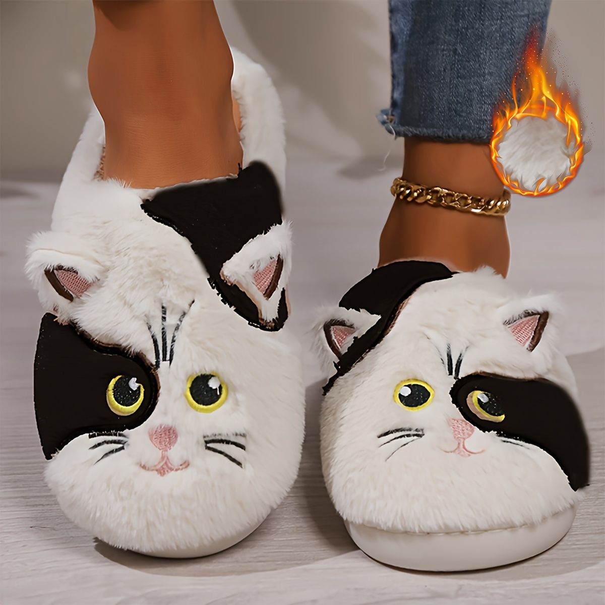 

Mignons chaussons plateforme en forme de chat, chaussures décontractées à enfiler avec doublure en peluche, pantoufles confortables pour la maison