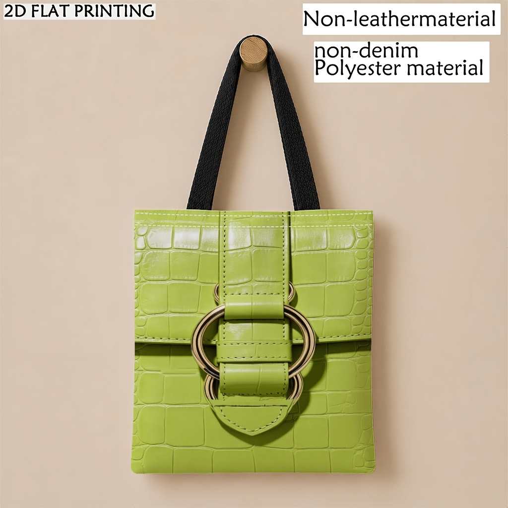 TEMU Un sac à main à motif crocodile avec détail de boucle, sac imprimé en toile pour femme, motif imprimé plat 2D, matériau en polyester, matériau