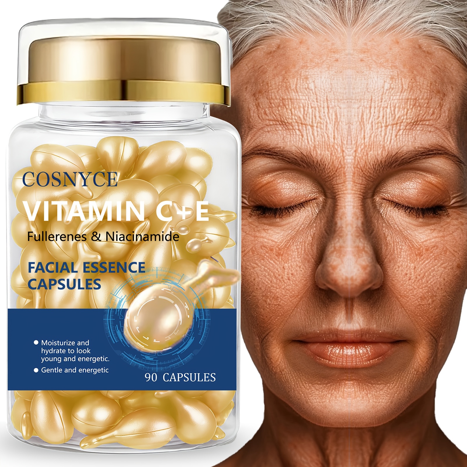 Cosnyce Vitamin C+E Capsules With Glycerin, Fullerenes & Niacinamide | Moisturizing Facial Essence For Sensitive Skin, Unscented, 90 Capsules - Image 3