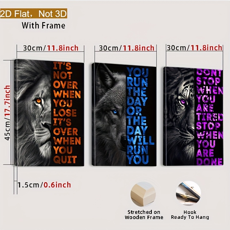 TEMU 2d Flat, 2d Flat, Set Of 3 Framed Canvas Art Prints Featuring A Lion, Wolf, And Tiger Along With Inspirational Quotes, In Wood Frame With A