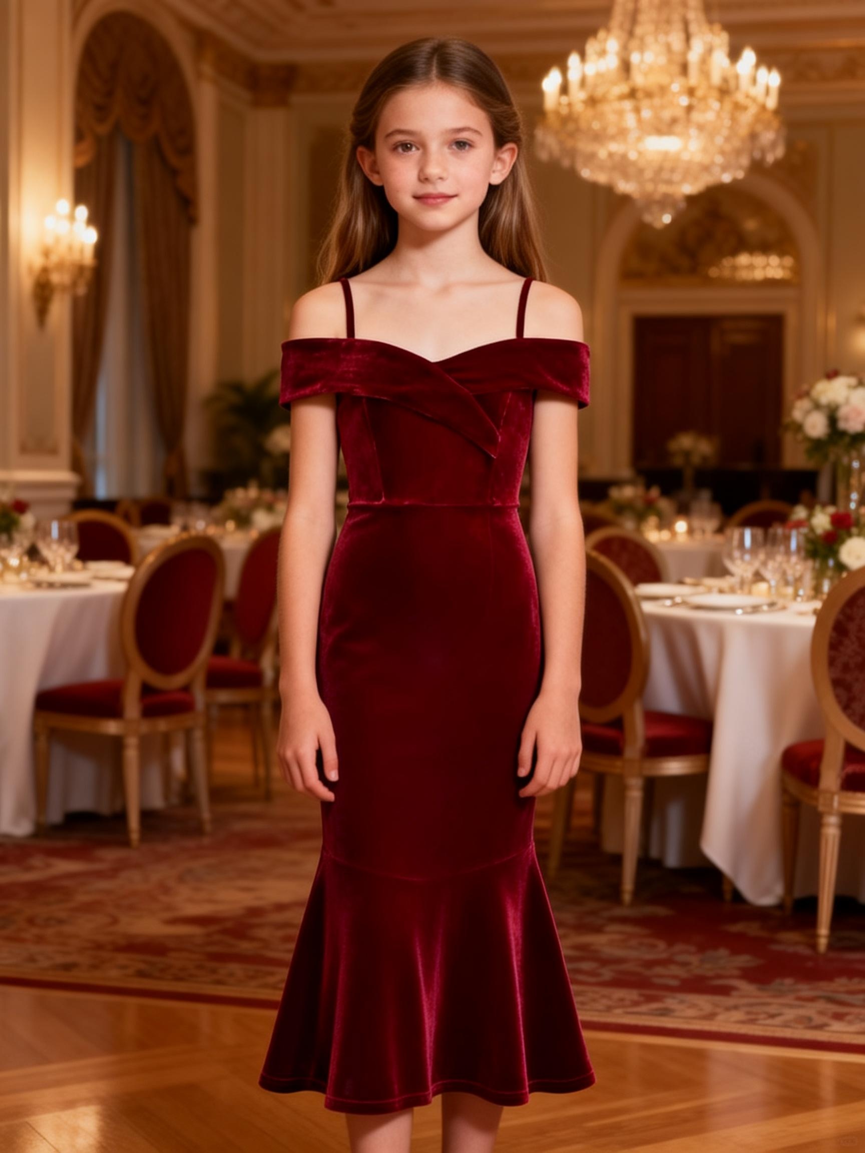 autumn winter girls burgundy velvet shoulder mermaid dress - Temu Oman