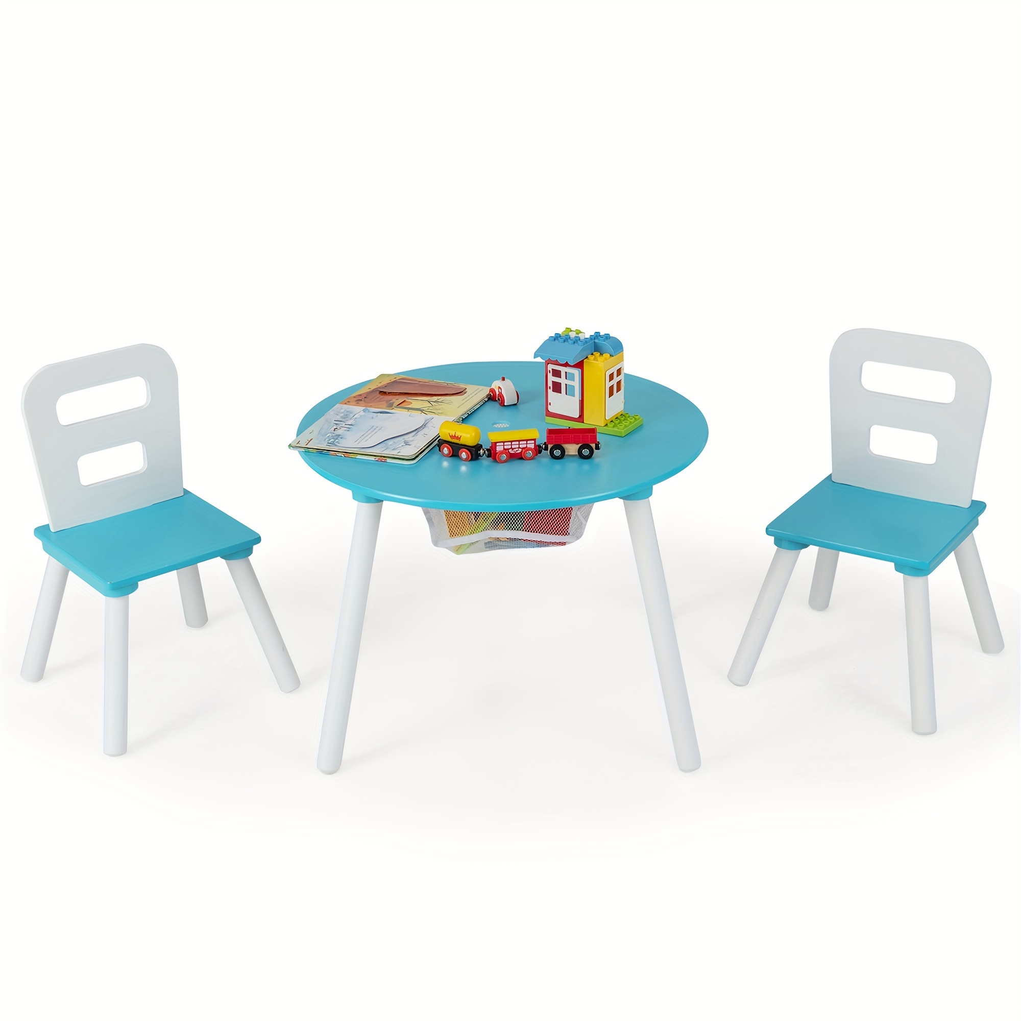 

1pc 3-piece Wooden Round Table & 2 Chair Set With Center Mesh Storage, Blue, Durable Furniture, Perfect For Playroom, Reading, Snack Time Table