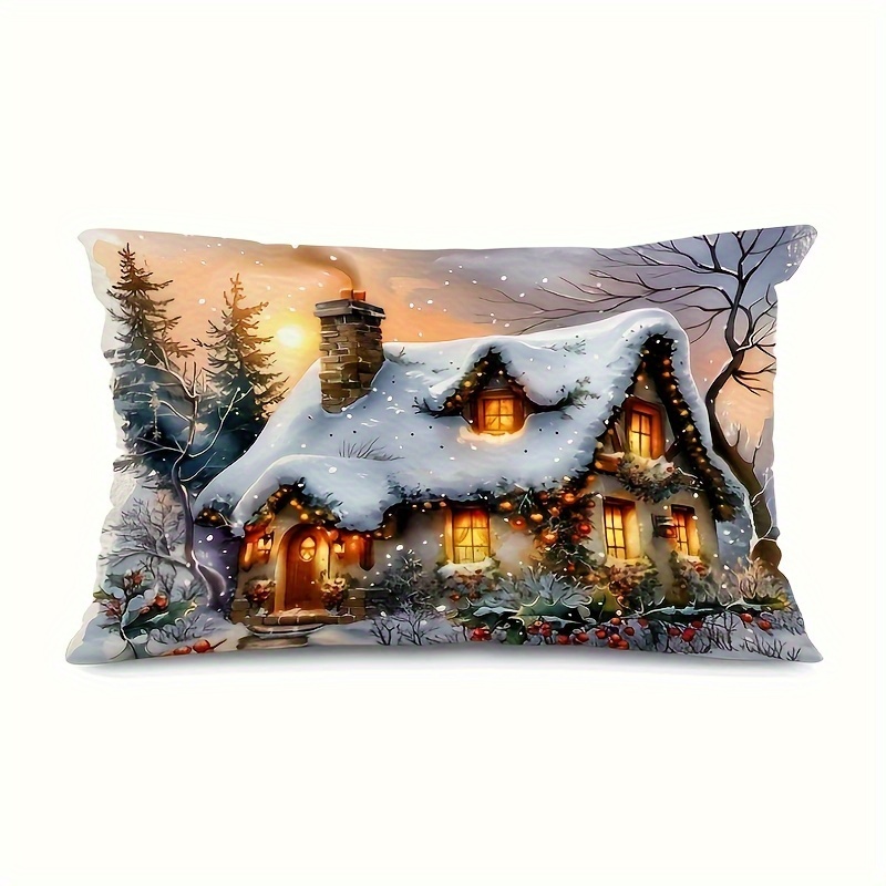 

1pc Housse de Coussin en Lin de Noël - Scène d'Hiver Confortable avec Maison Décorée, Zippée, Lavable en Machine pour Décoration de Canapé & Sofa ( Simple Face, Insert), Housses de Coussin de Noël