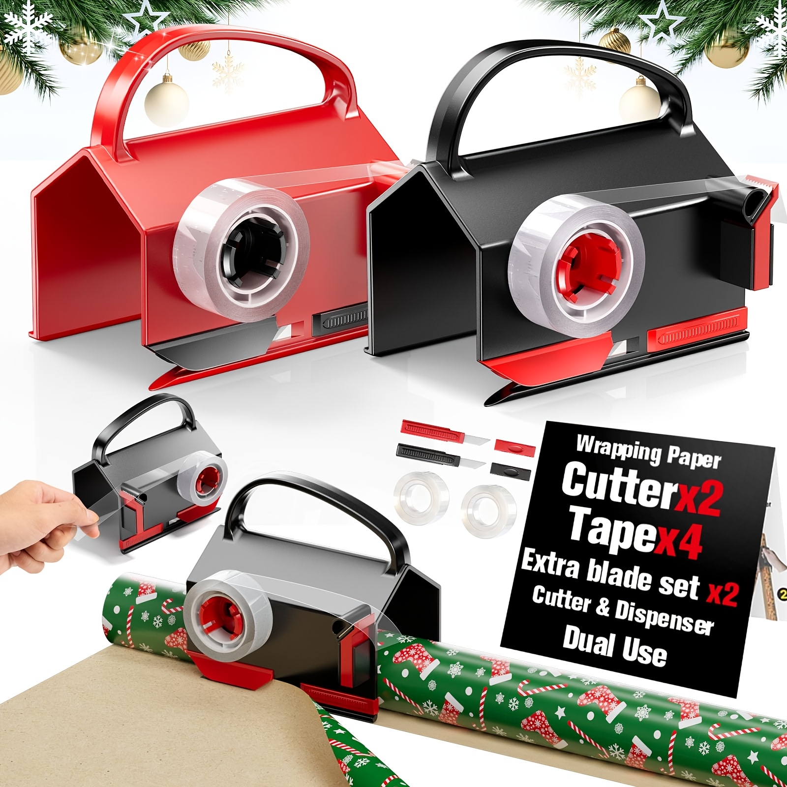 TEMU 2 Pack Wrapping Paper Cutter & Tape Dispenser Dual Use | Tool For Rolls Paper With 4 Tapes & 2 Replace Kit For Christmas Birthday, For Present