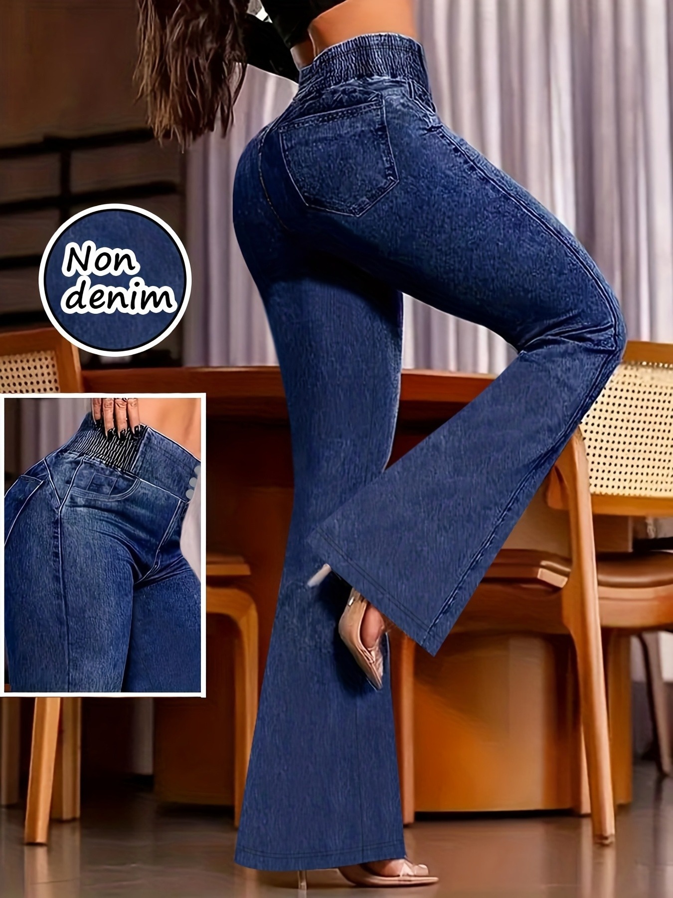 【imitation denim】[imitation Faux Denim]Women'S Non-Faux Denim Flared Faux Denim - All-Season Faux Denim Pants with Button Closure, Stretchy Non-Faux Denim Material, Classic Washed Look for Everyday & Formal Outfits, Versatile Clothing