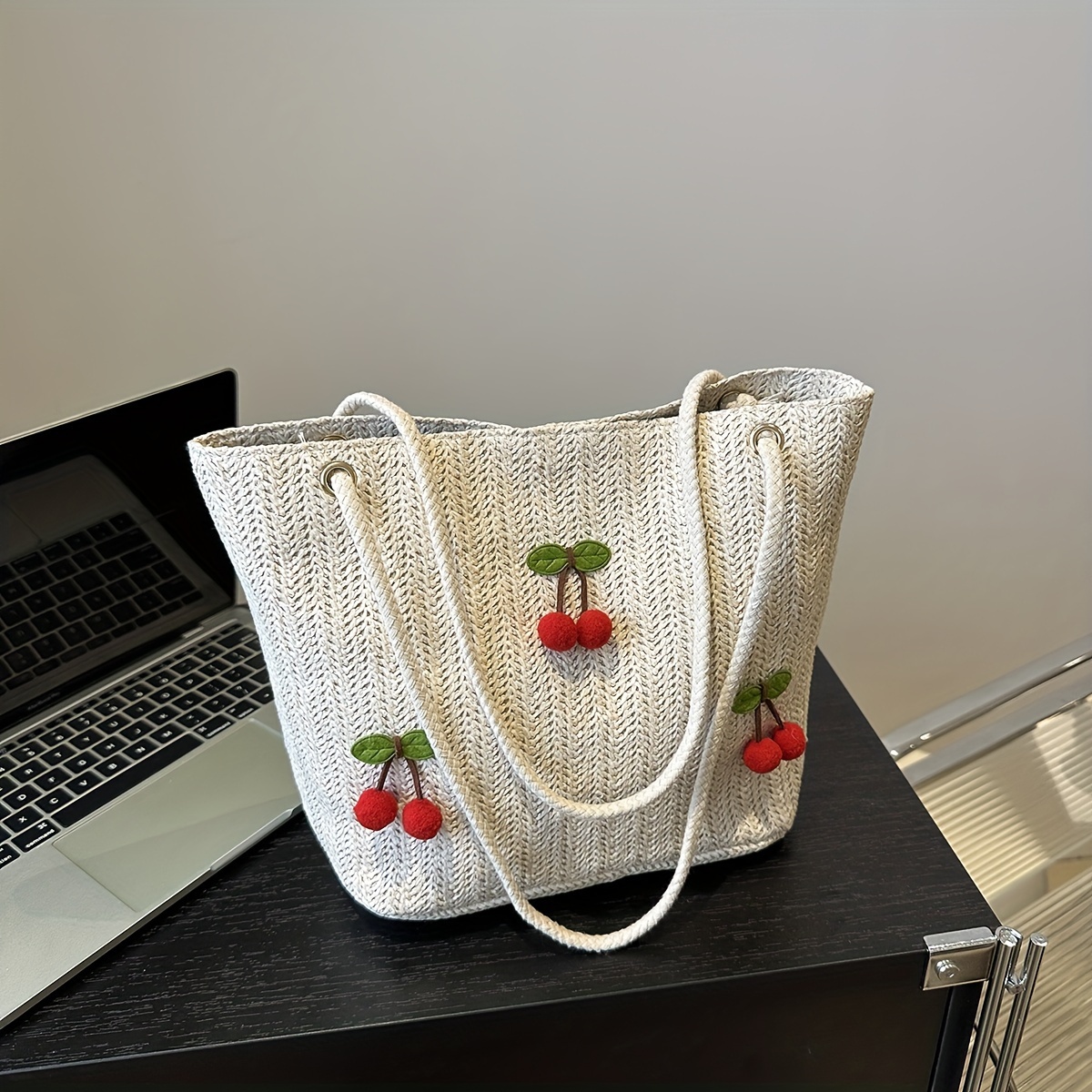 

Women's Fashion Cherry Embellished Woven Tote Bag, Large Capacity, Single Shoulder Hollow-out Beach Bag, Trendy Design