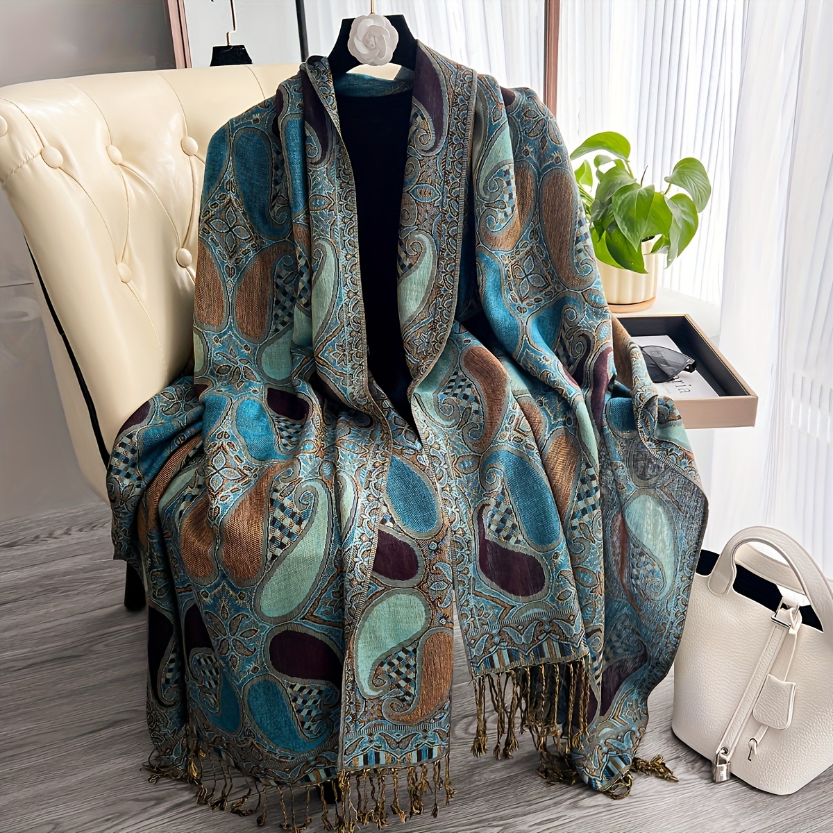 TEMU 1pc New Autumn Winter Large Nut Jacquard Fringe Scarf, Women's Warm Scarf, Fringe Style, Suitable For Daily Life, Evening Wear, Travel, Office,