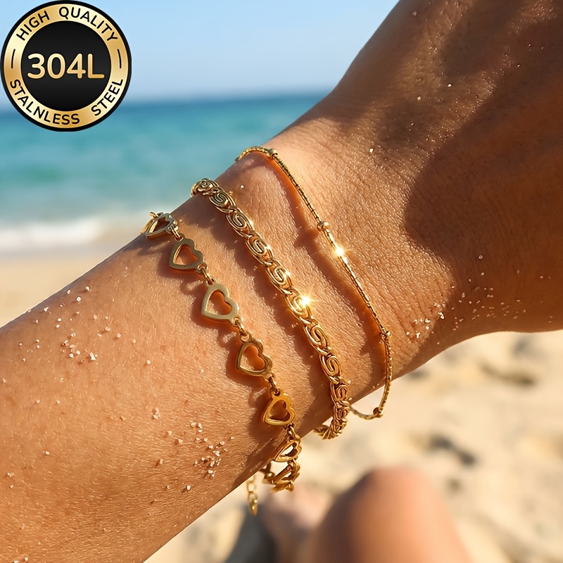 TEMU 3pcs 304l Stainless Steel 18k Gold-plated Women's Bracelet Set, Exquisite Stainless Steel Women's Jewelry Set, Stylish And Elegant Design,