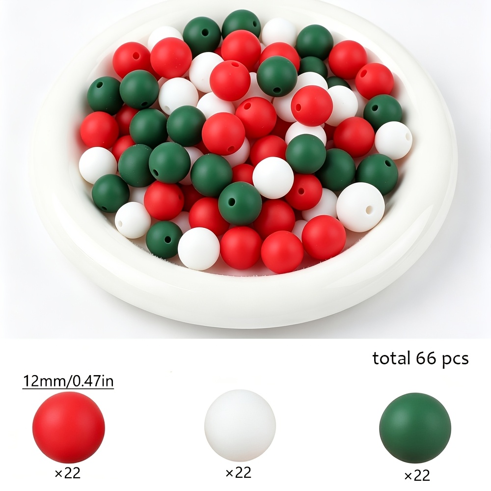 TEMU Christmas Silicone Beads, 66pcs Beads & Bead Assortments -12/15mm Christmas Silicone Beads Round Beads, Red, White, Dark Green Loose Beads For