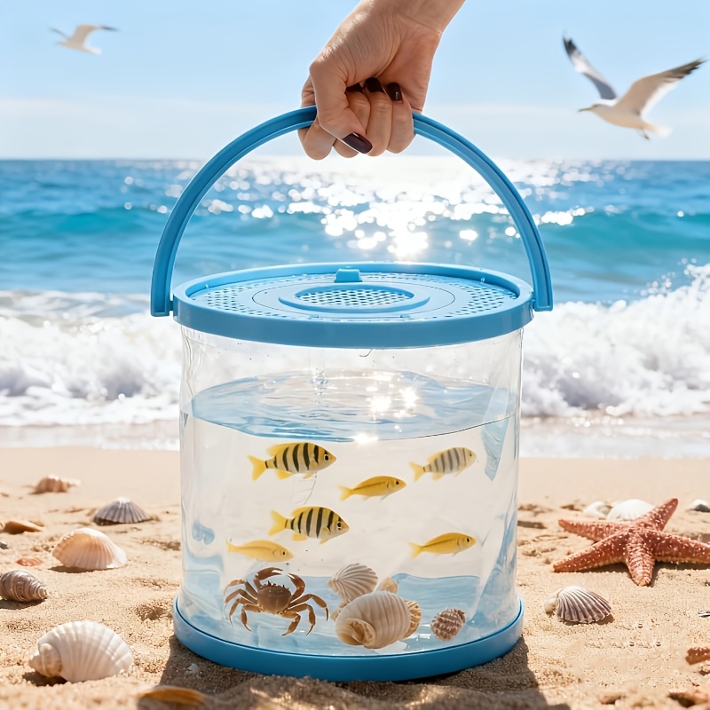 TEMU 1pc/2pcs Foldable Small Aquarium, Plastic Portable Fish Tank With Cover, Transparent Fish Transport Container/fishing Bucket, Suitable For Fish,