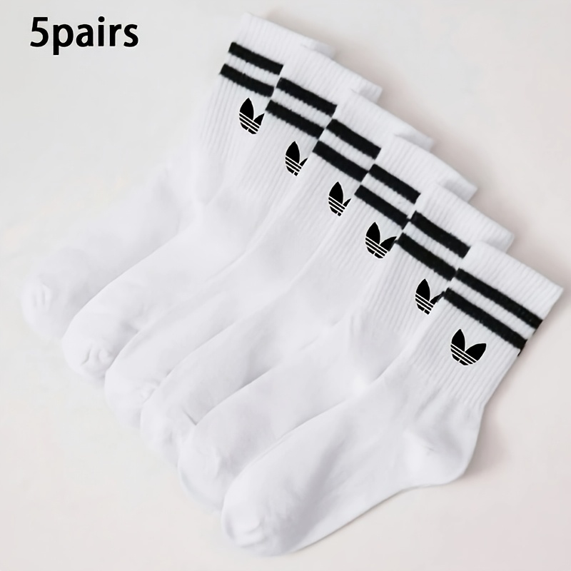 TEMU 5-pair Unisex White Socks, Striped Mid-calf Sports Casual Easy Comfortable Versatile, Preppy Style