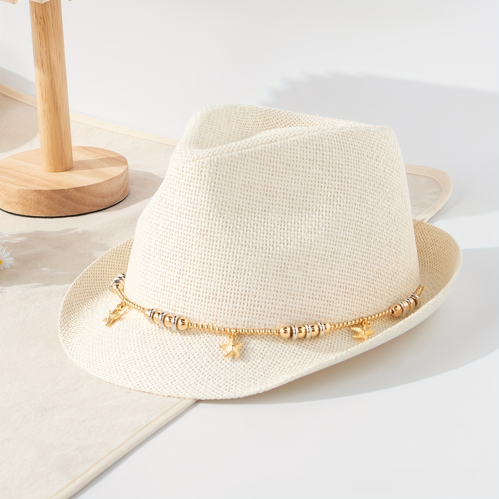 E-shop Ein Seestern-Perlen Deko-Kette Ozean Element Strand Sonnenhut, Strandurlaub Sonnenschutz Kleine Krempe , Strand Style Denim Fedora