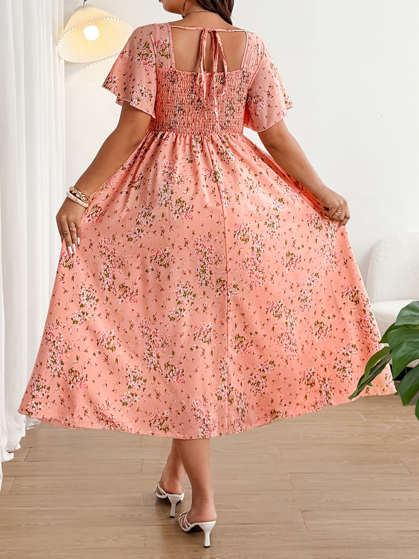 Plus Size - Plus Size - Summer Plus Size Square Neck Floral Drawstring  Waist Long Dress, Slightly Pear-Shaped Women'S Flutter Sleeve Floral A-Line  Dress, Draping Chiffon Fabric, Drawstring Elastic ...