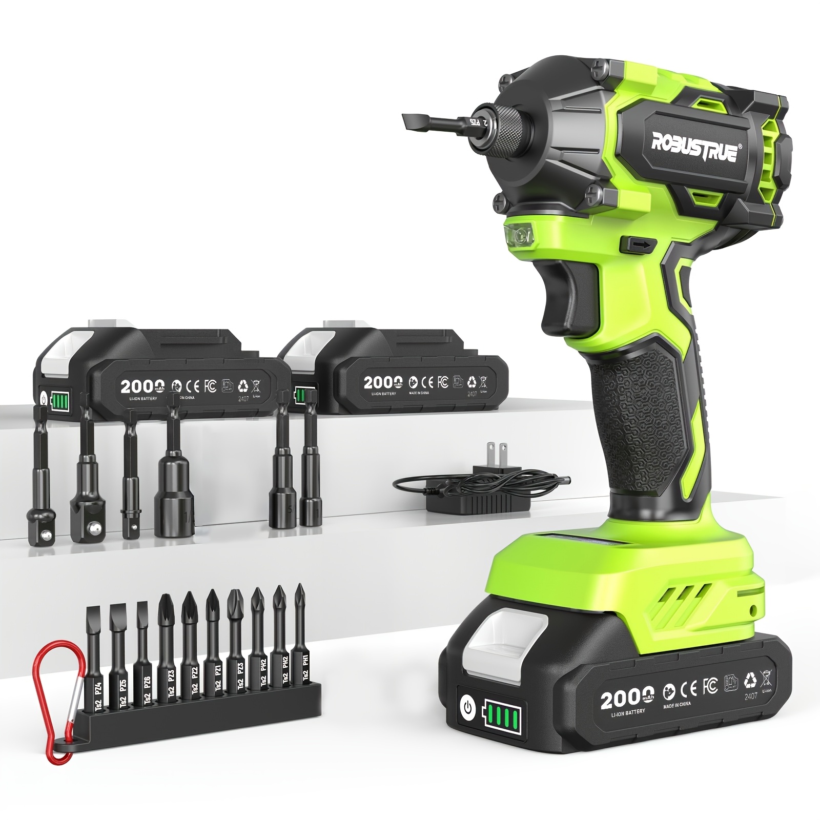 TEMU Robustrue Jeu d'outils tournevis électrique fil balais 21V - Couple max 230Nm, batterie Li-ion 2,0Ah, chargeur rapide et 20 embouts | 3 vitesses