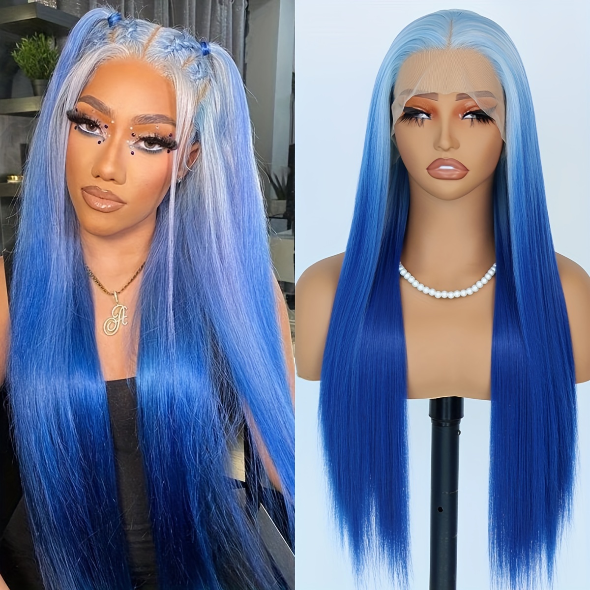 Blaue Ombre Lace Front Perücke – Lang, Glatt, Mit Dunklen Wurzeln, 24 Zoll, Hitzebeständig
