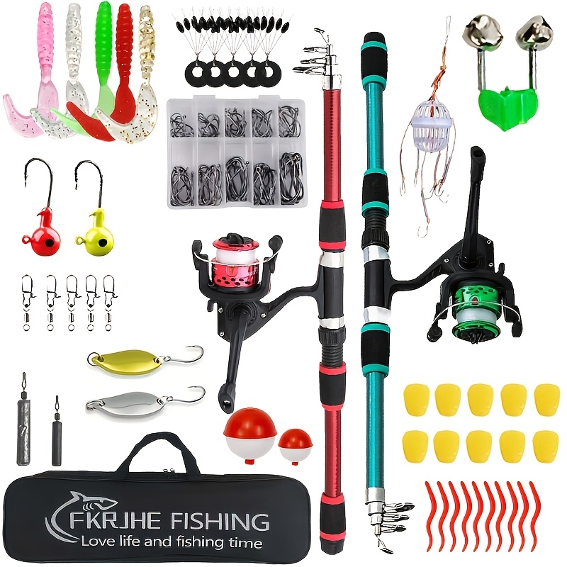 E-shop 2-teiliges Angelzubehör-Set – Inklusive 2 Teleskop-Angelruten, 2 Spinnrollen, 1 Angelzubehör-Tasche, Köder, Haken, Pailletten Zubehör