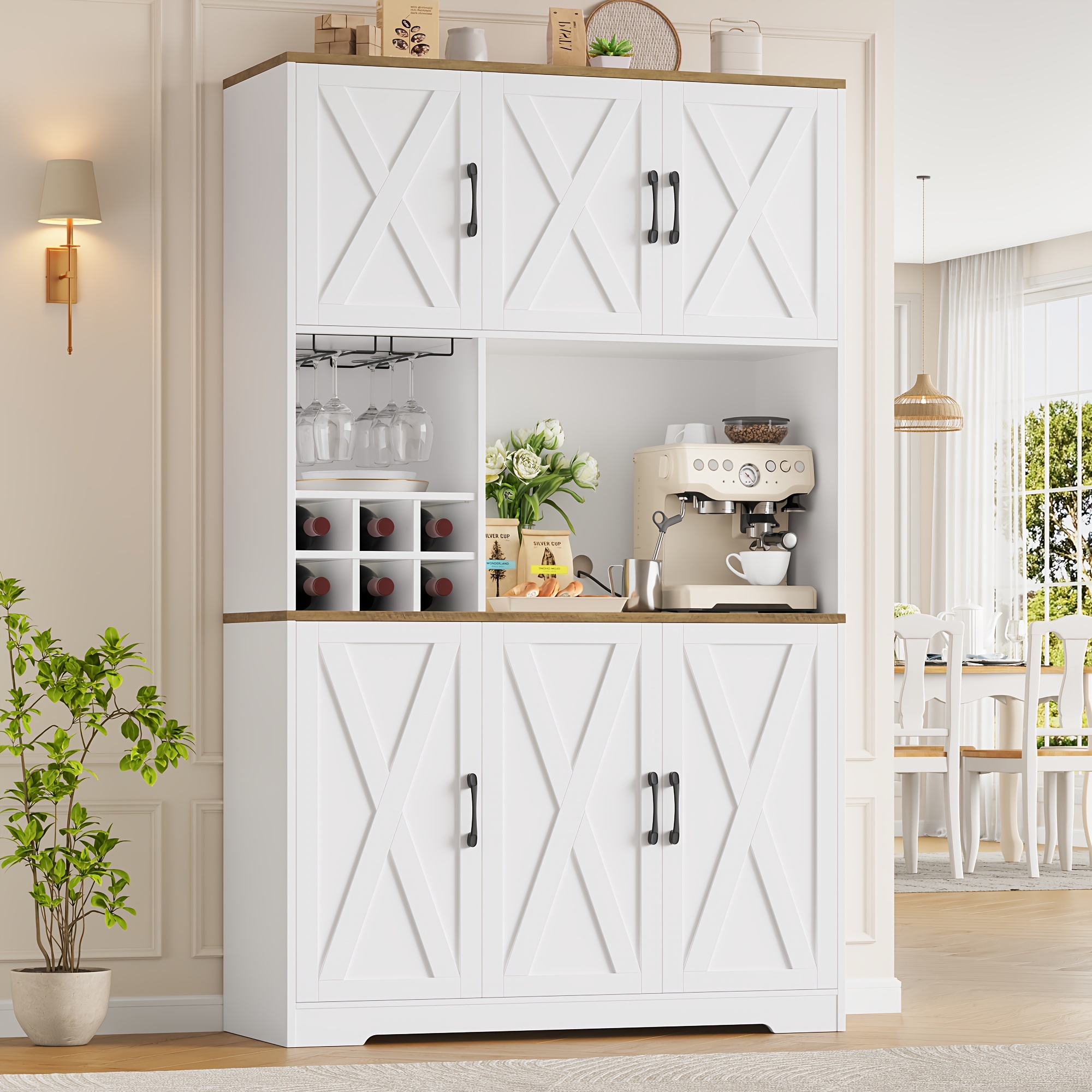 Kealive Kitchen Buffet, 180cm Tall Kitchen Cabinet With Glass Door, Removable Wine Rack, Microwave Shelf, Kitchen Storage Cupboard For Dining Room Or Living Room