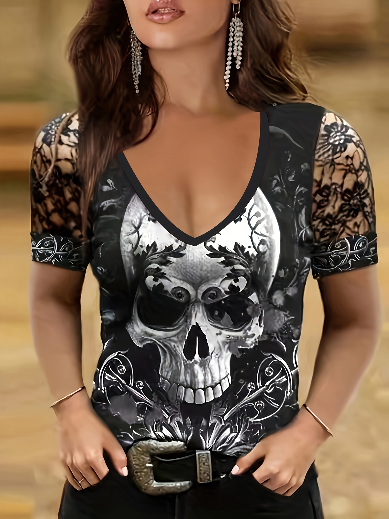 Elegant Plus Size Polyester T-Shirts for Women with V-Neck, 3D Skull & Floral Print, Applique Detail, Medium Stretch Knit Fabric, Short Sleeves - Summer Pullovers