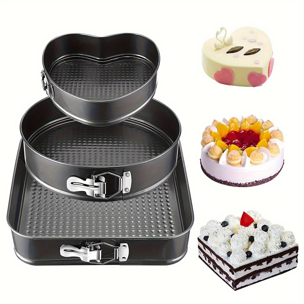 

3 Piece (7, 8, 9 Inch) Heart-shaped Round Square Baking Pan Non-stick Cheesecake Pan With Removable Bottom Stainless Steel Baking Pan For Cakes, Mousse, Etc