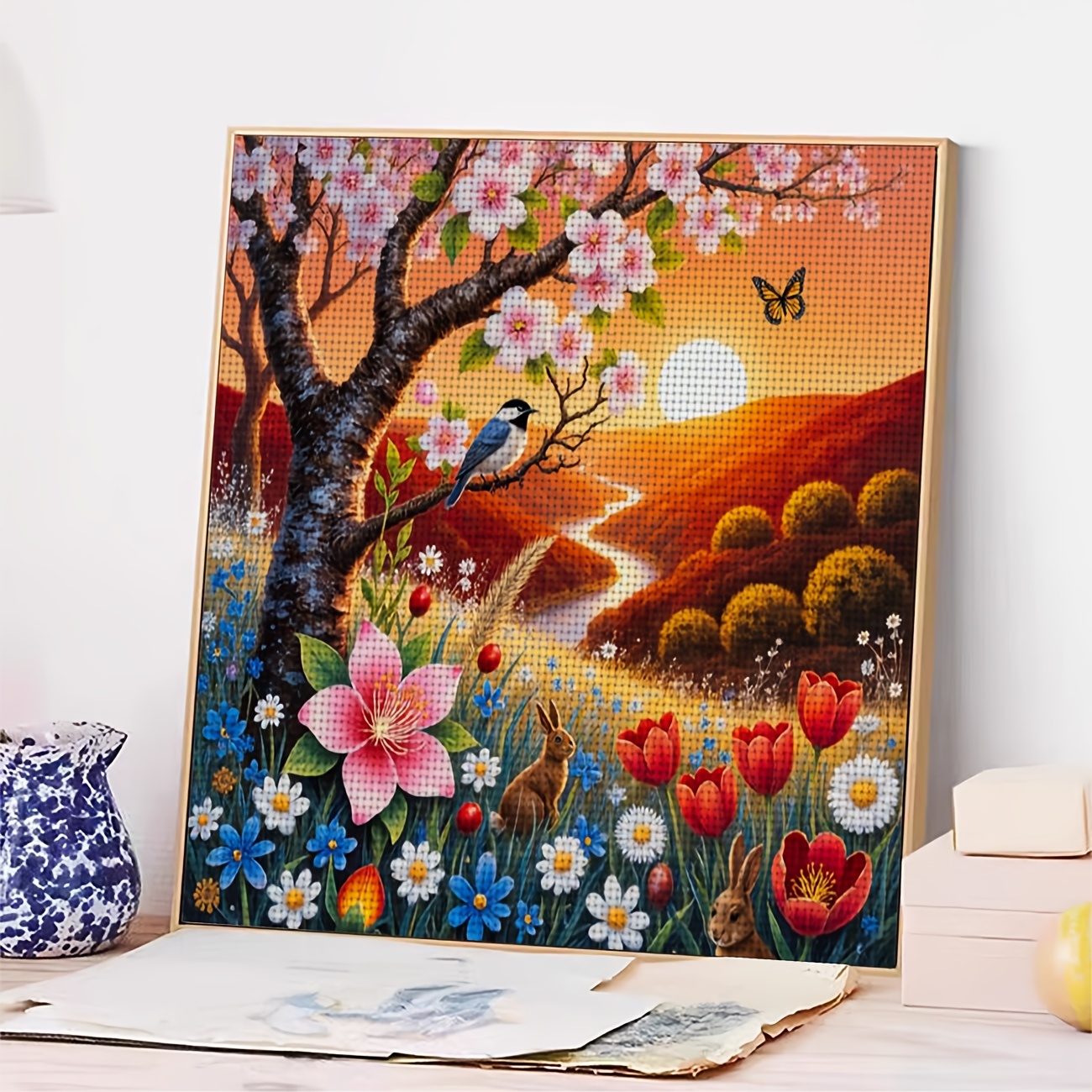 DIY Cross-Stitch Printed Kit with Flower Tree and Birds
