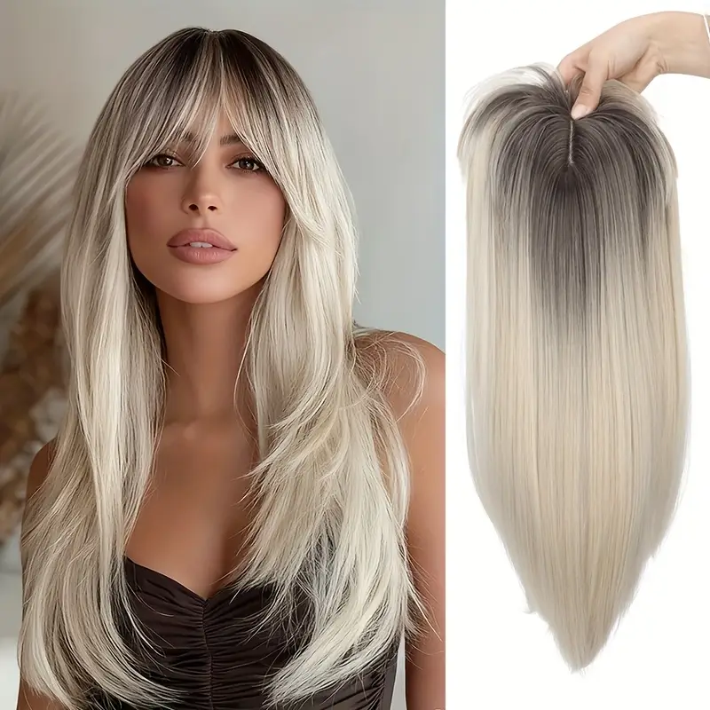 womens 3d topper with bangs looking straight synthetic hair piece for thinning hair blonde with dark roots frontal scalp coverage for daily wear hair loss solution Product details 0
