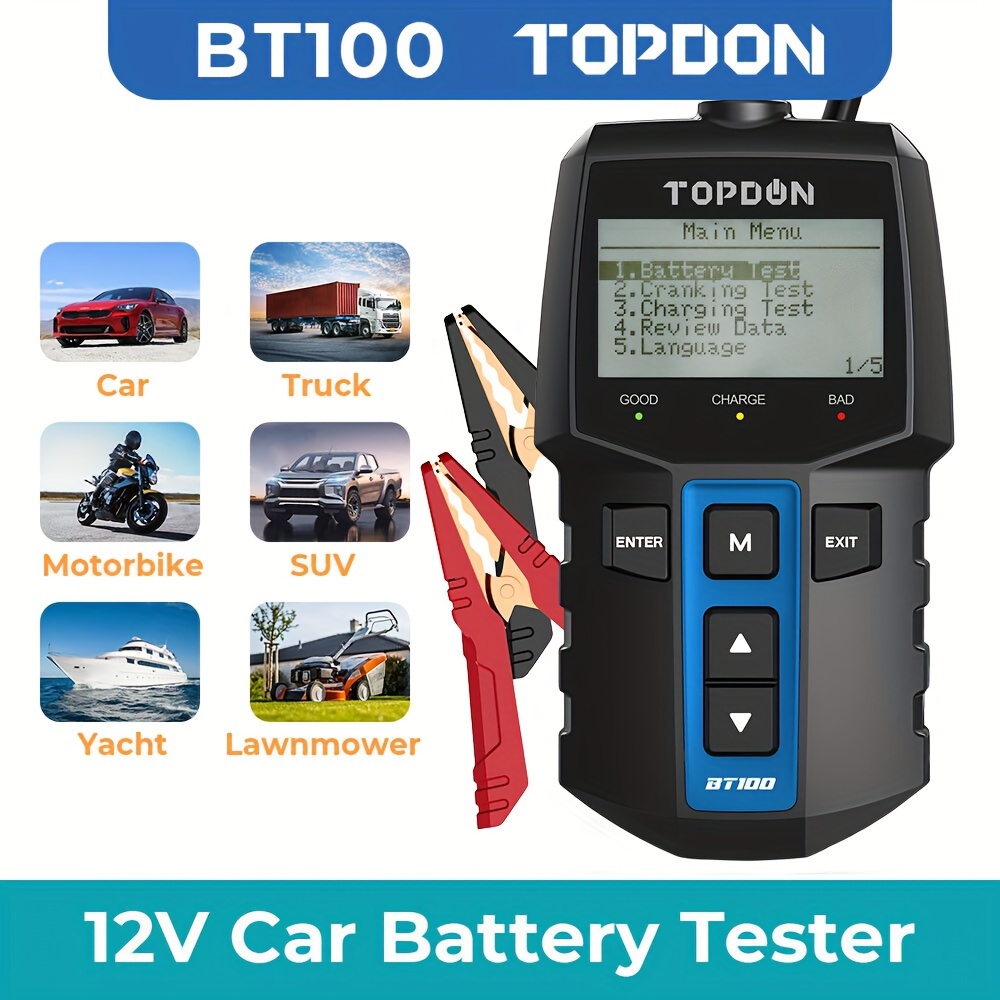 

Topdon Car Battery Tester Bt100, 12 V Battery Tester Car With 100-2000 Cca Battery Test Crank Test Charging System Test For Car Atv Suv Car Truck Boat