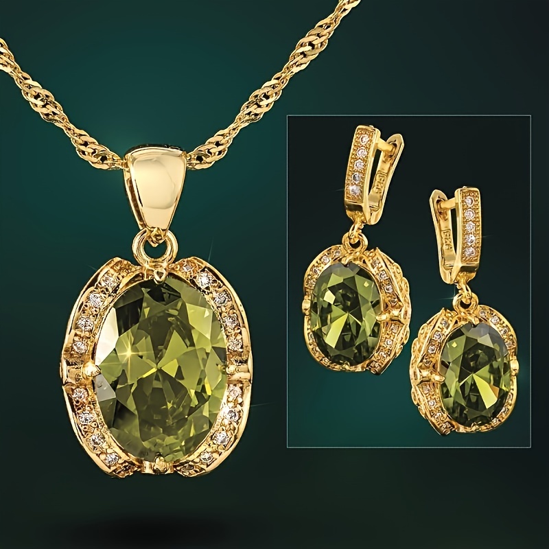 

Elegant Retro Olive Green Cubic Zirconia Necklace And Earrings Set - Perfect For Valentine's Day, Weddings, And Gifts - 18k Golden Plated, Zirconia Accents, And Copper Base