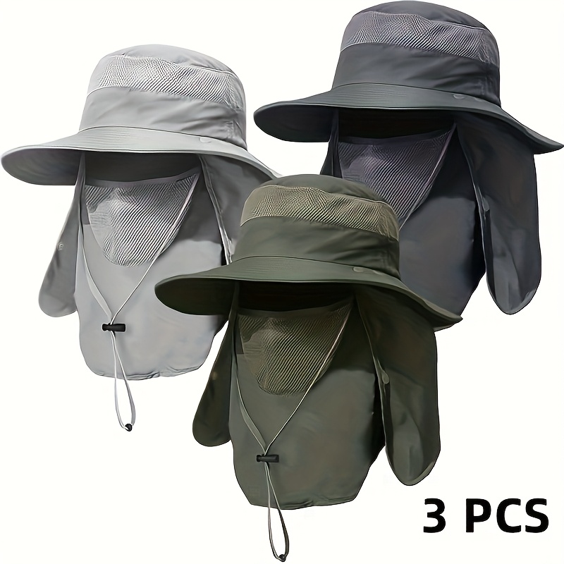 TEMU 3-pack Men's Outdoor Wide Brim Fishing Hat With Detachable Face Neck Flap, Upf 50+ Sun Protection For Hiking & Gardening