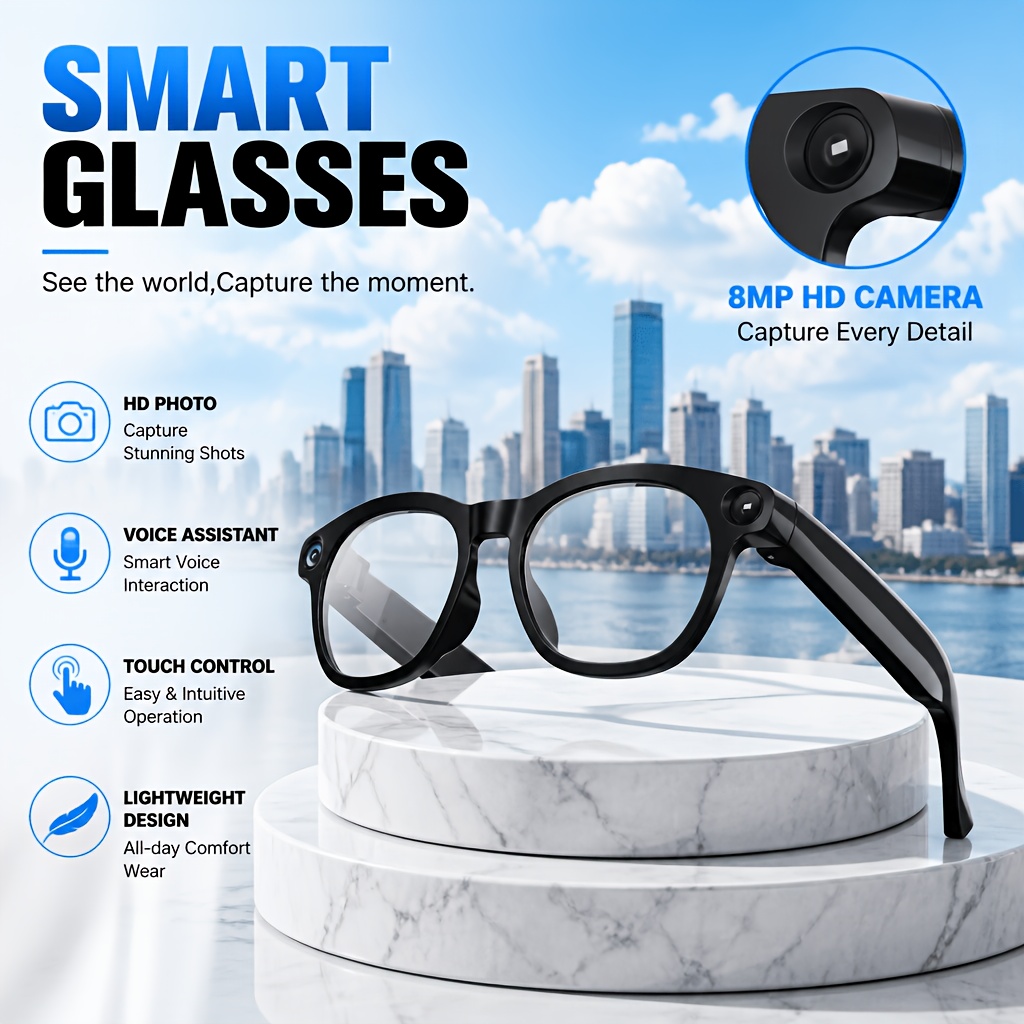 TEMU Smart Camera Glasses 8mp Video Recording Real Time Translation Wireless Music And Video Capture Answer Calls Call Noise Reduction Stereo Music